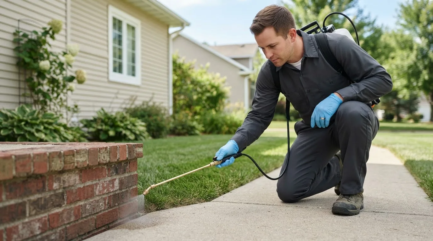 Pest control technician treating a home near Woodbine, IA