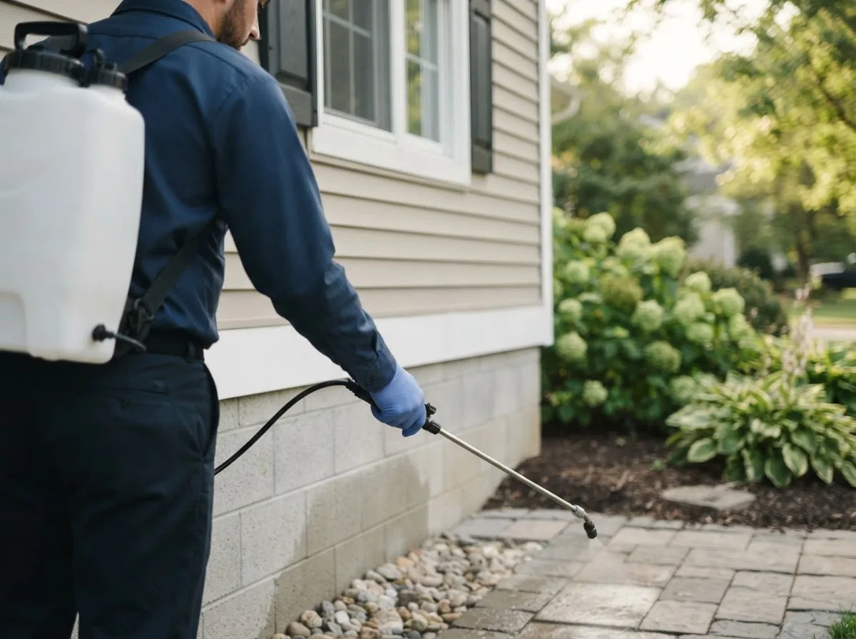 Pest control technician inspecting a home in Woodbine, IA